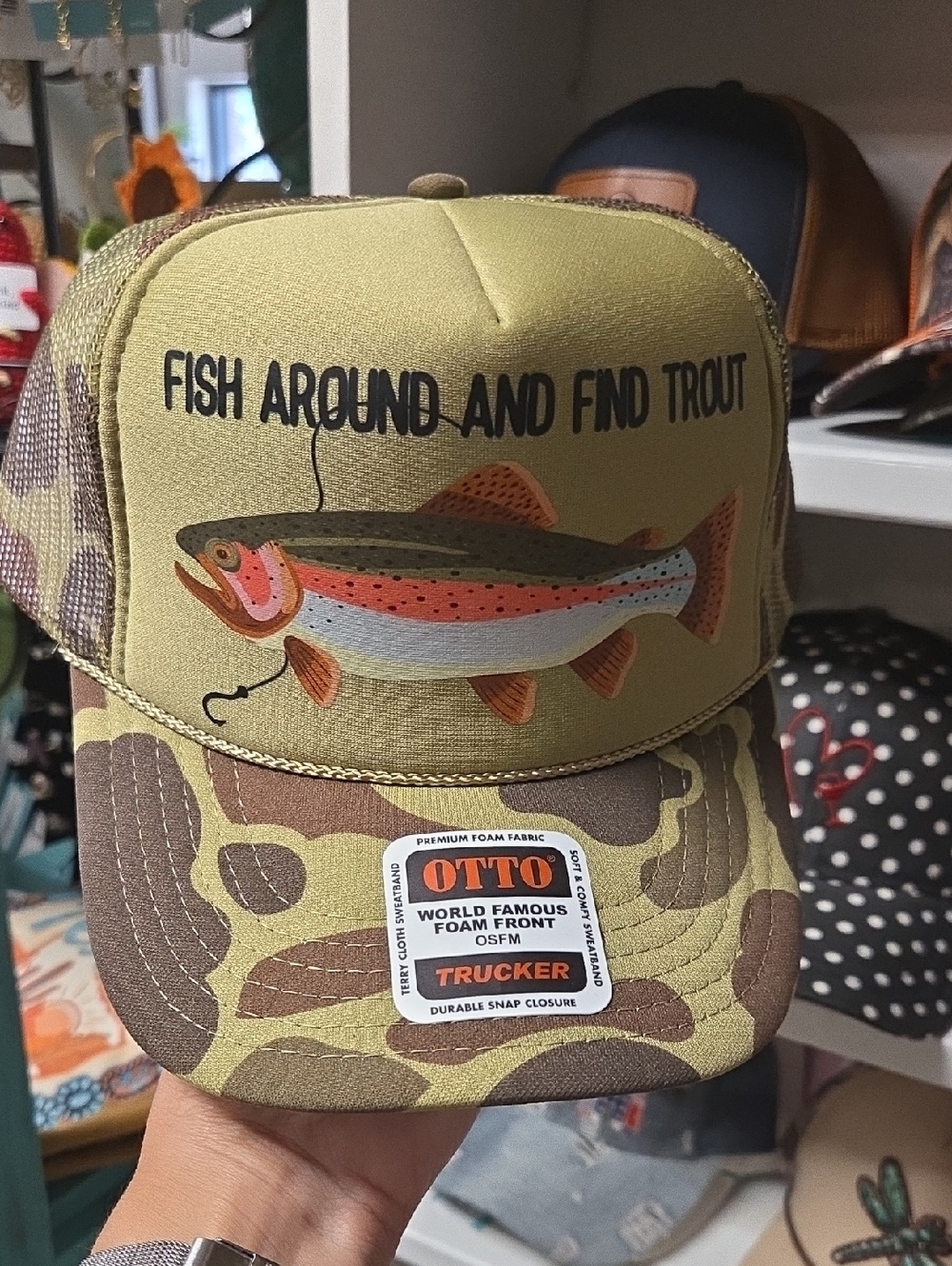 OTTO Olive Camo Trucker Hat with Colorful Trout Graphic